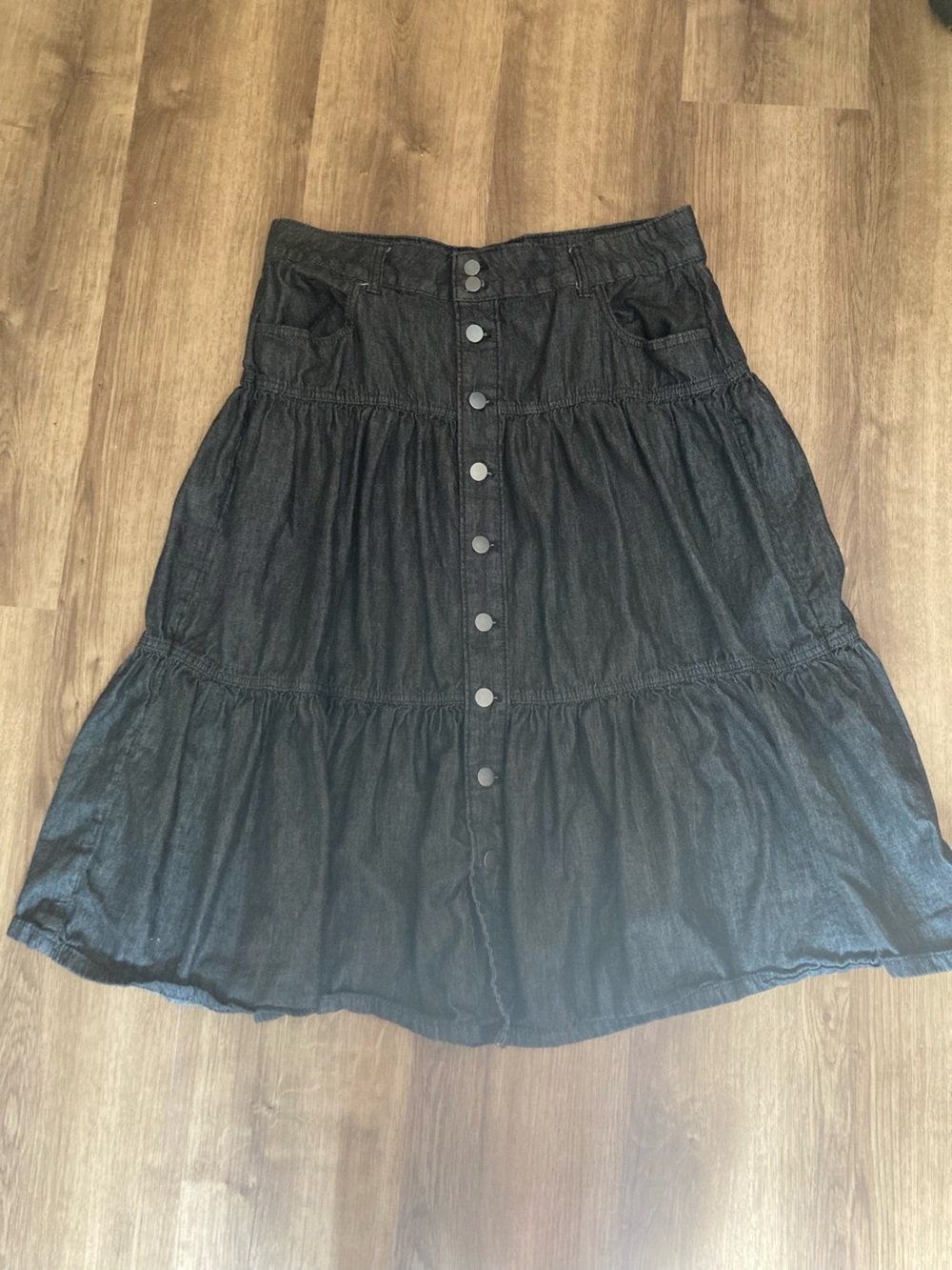 Time & True Dark Blue-ish Gray Denim Button-up Skirt 14